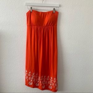 NWT Soma asymmetrical midi strapless orange/white embroidered dress womens MED